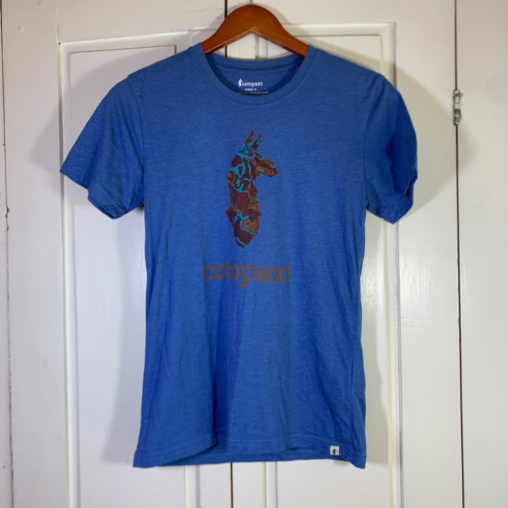Cotopaxi Womens XS Blue Llama Topo Graphic T-Shirt Organic Cotton Blend